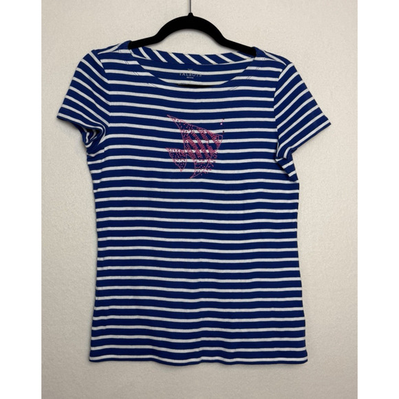 Talbots Tops - Talbots Womens Navy Blue White Striped Short Sleeve Shirt Size SP Pink Bead Fish